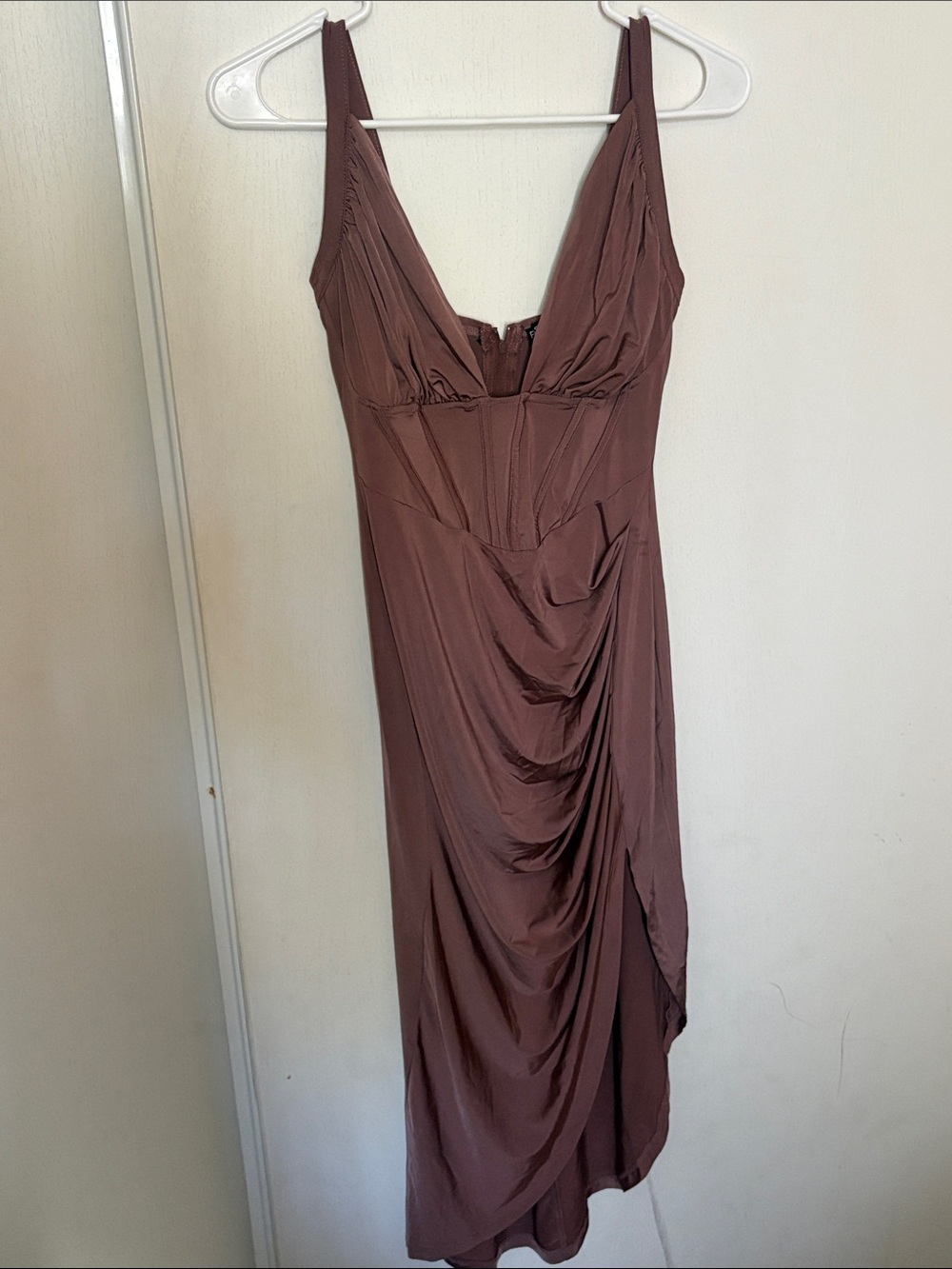 Draped V-Neck Midi Dress in Mauve Brown